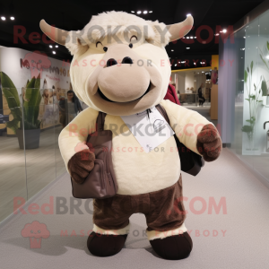 Cream Woolly Rhinoceros mascot costume character dressed with a Jeggings and Messenger bags