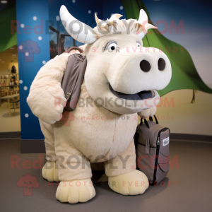 Cream Woolly Rhinoceros mascot costume character dressed with a Jeggings and Messenger bags