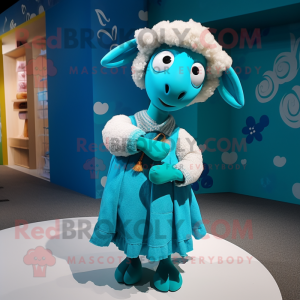 Cyan Sheep mascot costume character dressed with a Skirt and Scarves