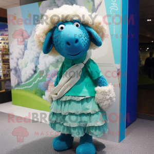 Cyan Sheep mascot costume character dressed with a Skirt and Scarves