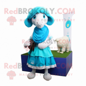 Cyan Sheep mascot costume character dressed with a Skirt and Scarves