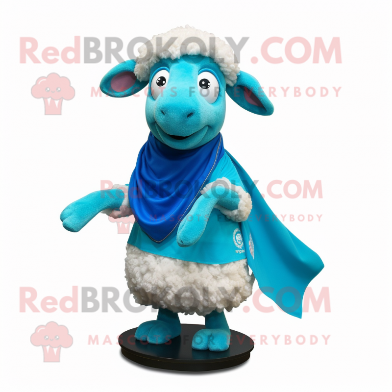 Cyan Sheep mascot costume character dressed with a Skirt and Scarves