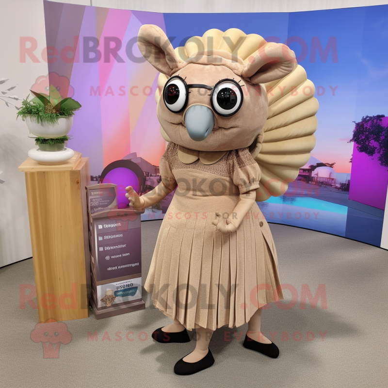 Beige Armadillo mascot costume character dressed with a Midi Dress and Eyeglasses