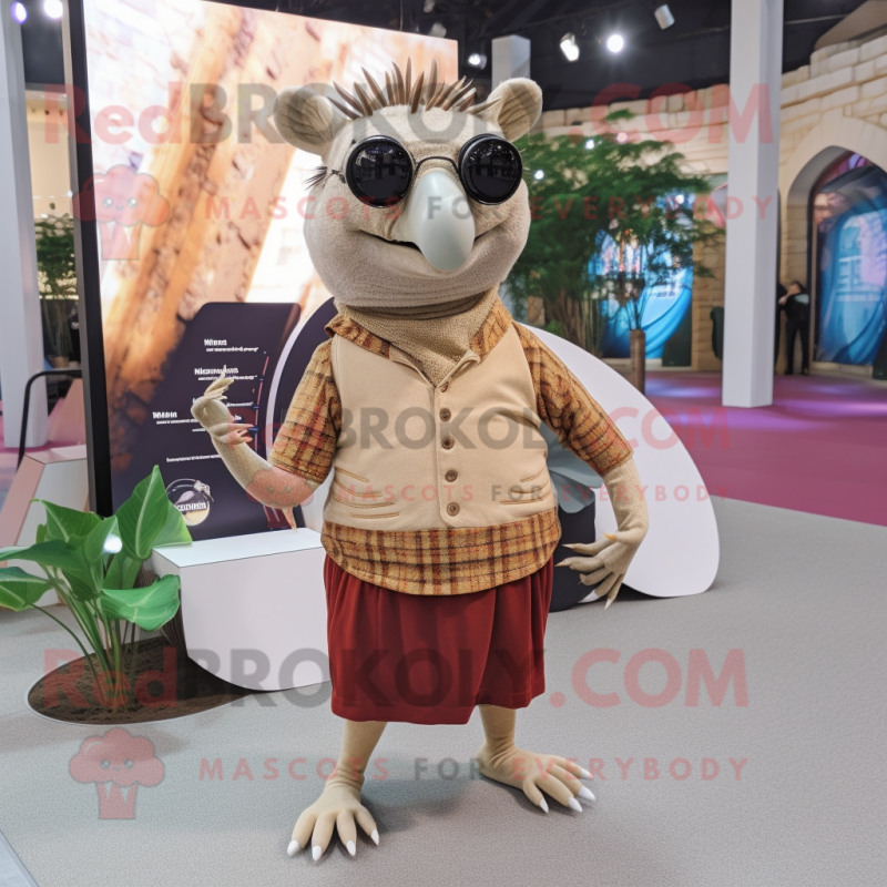 Beige Armadillo mascot costume character dressed with a Midi Dress and Eyeglasses