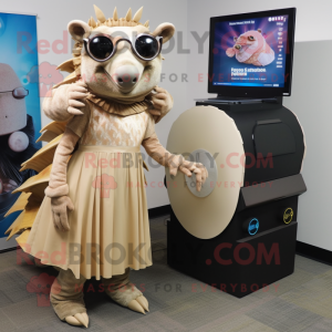 Beige Armadillo mascot costume character dressed with a Midi Dress and Eyeglasses
