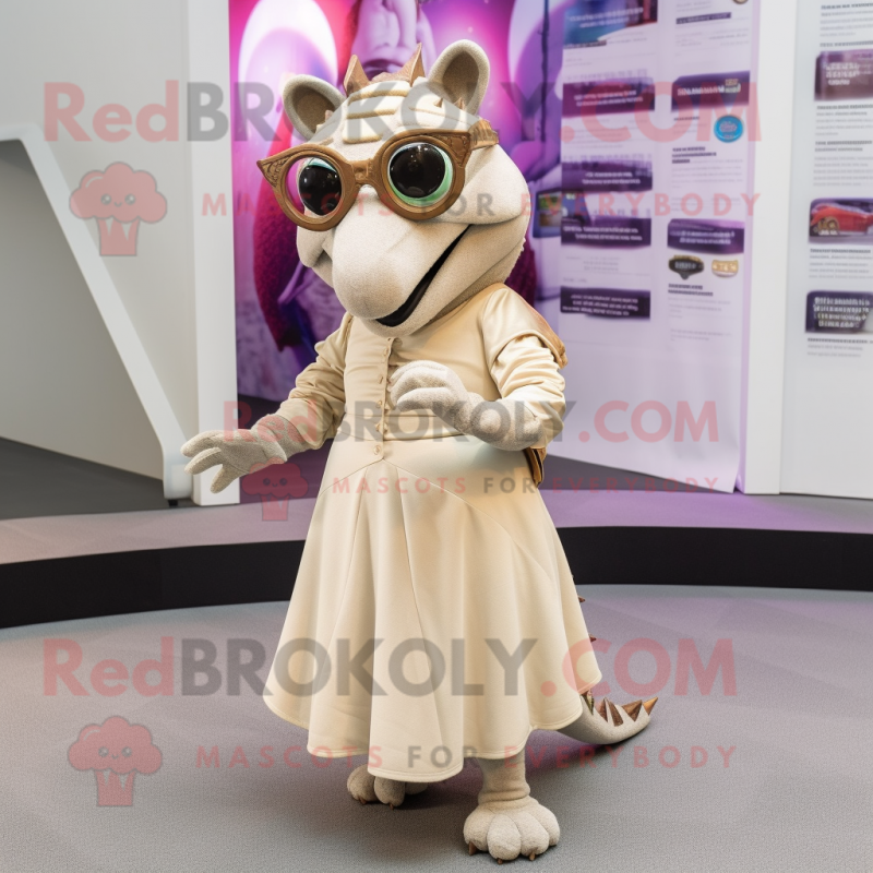 Beige Armadillo mascot costume character dressed with a Midi Dress and Eyeglasses