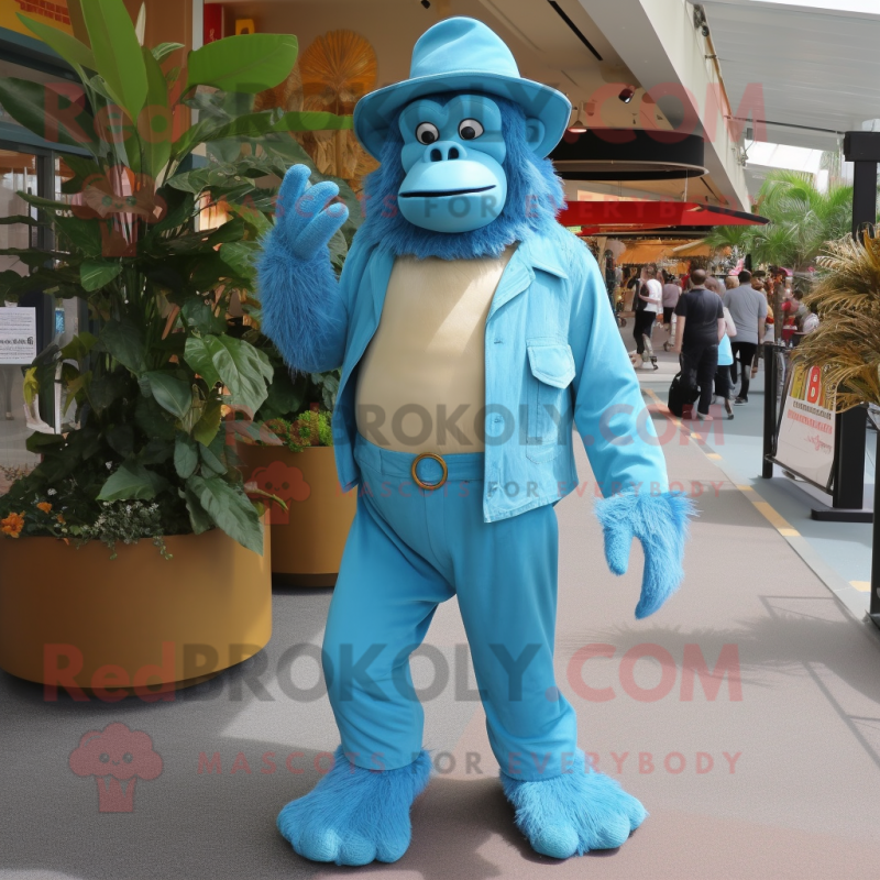 Sky Blue Gorilla mascot costume character dressed with a Corduroy Pants and Hat pins