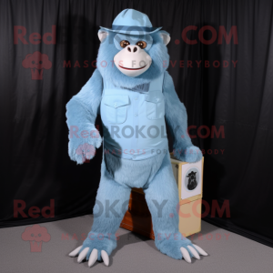 Sky Blue Gorilla mascot costume character dressed with a Corduroy Pants and Hat pins