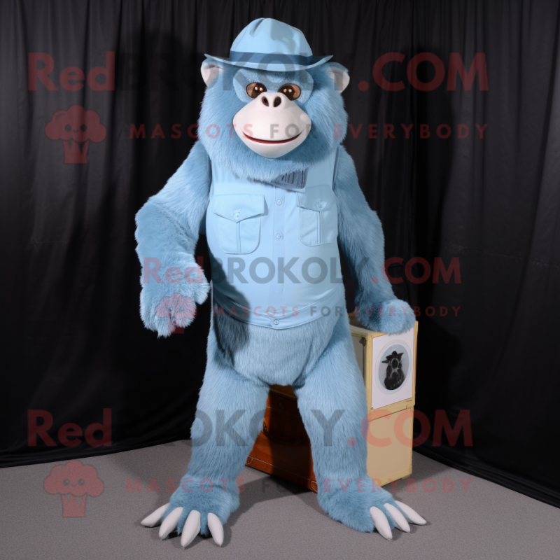 Sky Blue Gorilla mascot costume character dressed with a Corduroy Pants and Hat pins Sky Blue Gorilla mascot costume character dressed with a Corduroy Pants and Hat pins