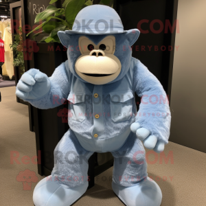 Sky Blue Gorilla mascot costume character dressed with a Corduroy Pants and Hat pins