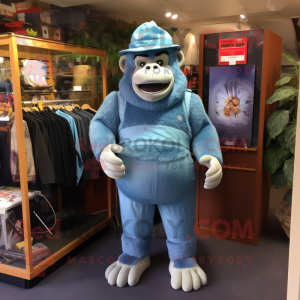 Sky Blue Gorilla mascot costume character dressed with a Corduroy Pants and Hat pins