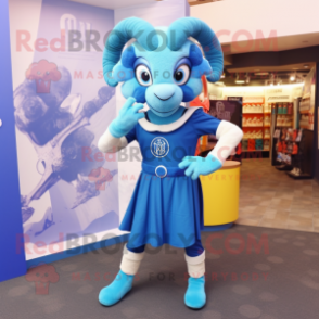 Blue Ram mascot costume character dressed with a Pencil Skirt and Anklets