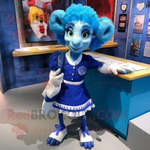 Blue Ram mascot costume character dressed with a Pencil Skirt and Anklets