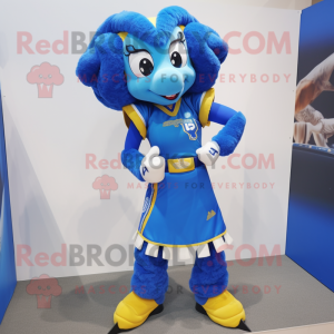 Blue Ram mascot costume character dressed with a Pencil Skirt and Anklets