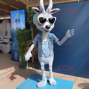 Silver Gazelle mascot costume character dressed with a Denim Shorts and Sunglasses
