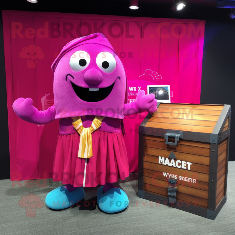 Magenta Treasure Chest mascot costume character dressed with a Wrap Skirt and Pocket squares