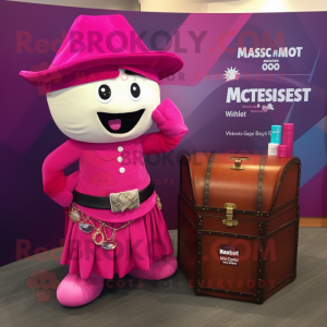 Magenta Treasure Chest mascot costume character dressed with a Wrap Skirt and Pocket squares