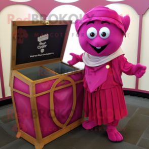 Magenta Treasure Chest mascot costume character dressed with a Wrap Skirt and Pocket squares