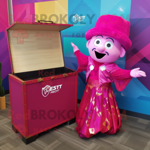 Magenta Treasure Chest mascot costume character dressed with a Wrap Skirt and Pocket squares
