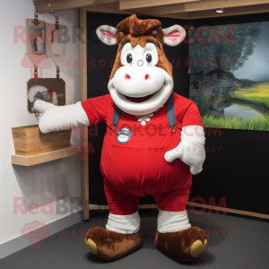 Red Beef Wellington mascot costume character dressed with a Dungarees and Anklets