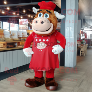 Red Beef Wellington mascot costume character dressed with a Dungarees and Anklets