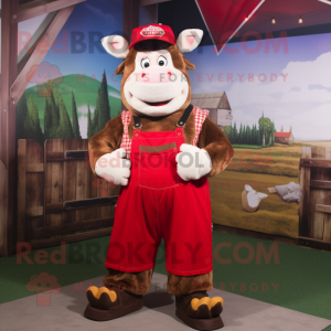 Red Beef Wellington mascot costume character dressed with a Dungarees and Anklets
