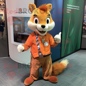 Orange Squirrel mascot costume character dressed with a Henley Shirt and Pocket squares