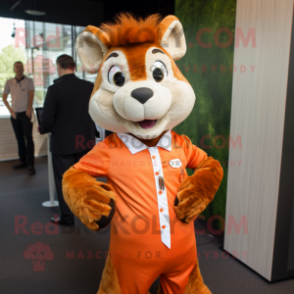 Orange Squirrel mascot costume character dressed with a Henley Shirt and Pocket squares