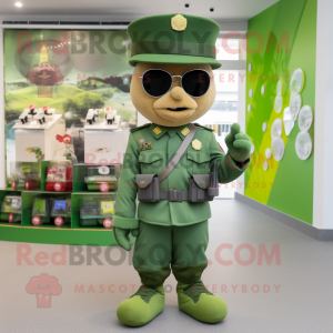 Green Army Soldier mascot costume character dressed with a Henley Shirt and Hairpins