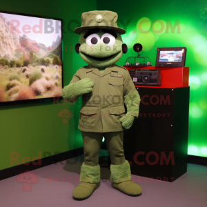 Green Army Soldier mascot costume character dressed with a Henley Shirt and Hairpins