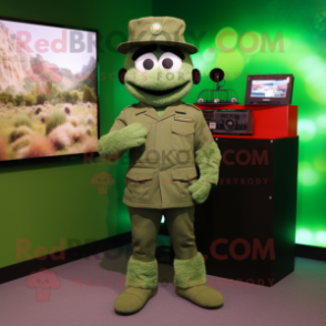 Green Army Soldier mascot costume character dressed with a Henley Shirt and Hairpins