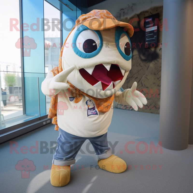 Cream Piranha mascot costume character dressed with a Flare Jeans and Scarves