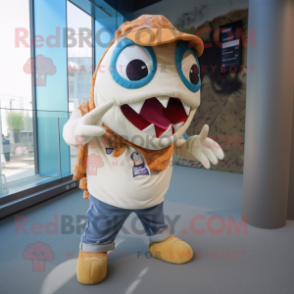 Cream Piranha mascot costume character dressed with a Flare Jeans and Scarves