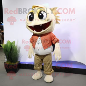 Cream Piranha mascot costume character dressed with a Flare Jeans and Scarves