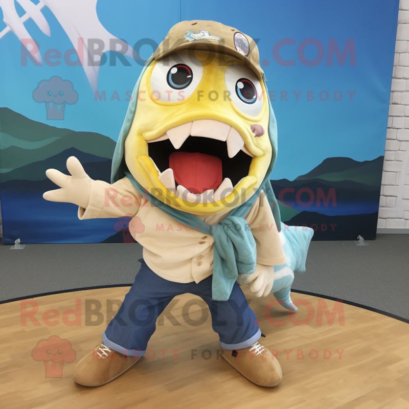 Cream Piranha mascot costume character dressed with a Flare Jeans and Scarves