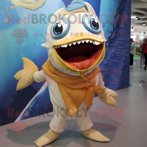 Cream Piranha mascot costume character dressed with a Flare Jeans and Scarves