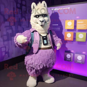 Lavender Llama mascot costume character dressed with a Jacket and Coin purses