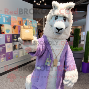 Lavender Llama mascot costume character dressed with a Jacket and Coin purses