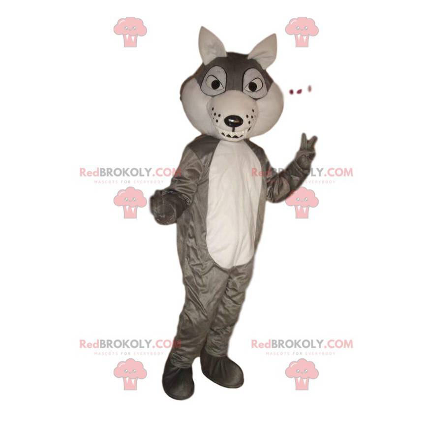 Mascotte de loup gris et blanc, costume de chien-loup -