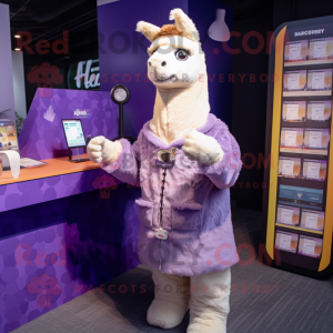 Lavender Llama mascot costume character dressed with a Jacket and Coin purses