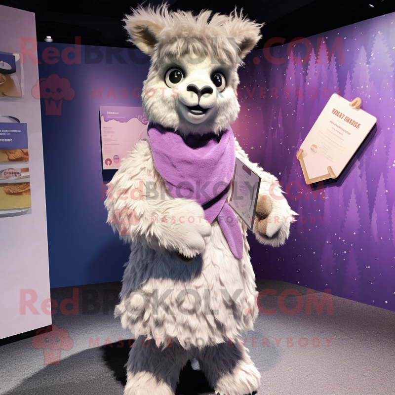 Lavender Llama mascot costume character dressed with a Jacket and Coin purses Lavender Llama mascot costume character dressed with a Jacket and Coin purses