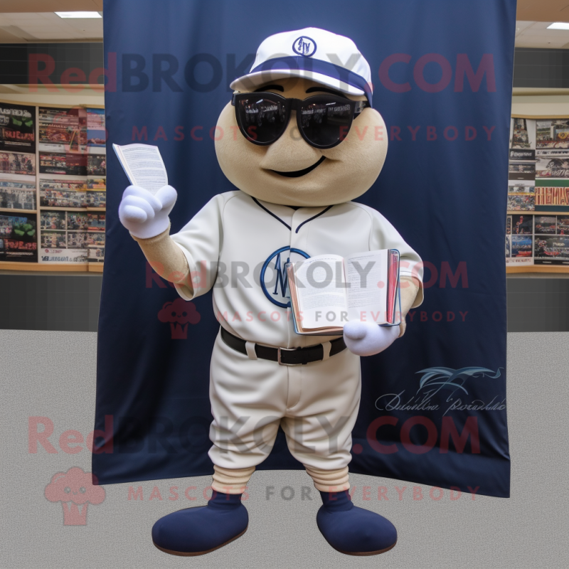 Navy Baseball Ball mascot costume character dressed with a Cargo Pants and Reading glasses