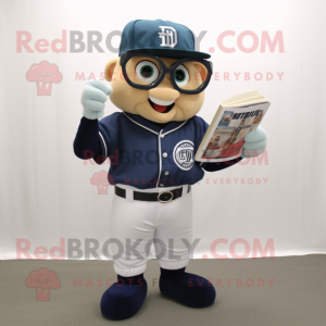 Navy Baseball Ball mascot costume character dressed with a Cargo Pants and Reading glasses