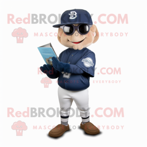 Navy Baseball Ball mascot costume character dressed with a Cargo Pants and Reading glasses