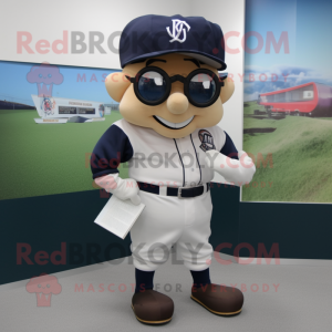 Navy Baseball Ball mascot costume character dressed with a Cargo Pants and Reading glasses
