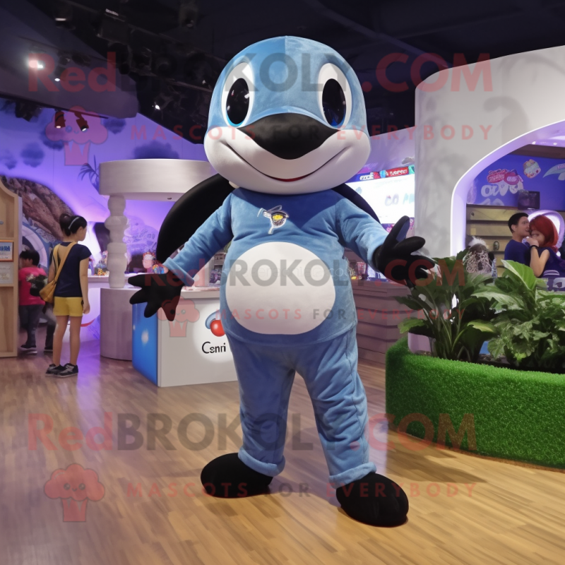 Lavender Killer Whale mascot costume character dressed with a Denim Shorts and Digital watches