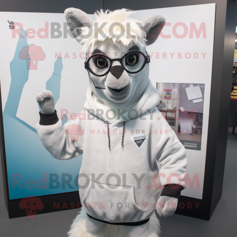 Gray Llama mascot costume character dressed with a Sweatshirt and Eyeglasses