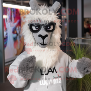 Gray Llama mascot costume character dressed with a Sweatshirt and Eyeglasses
