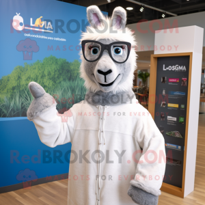 Gray Llama mascot costume character dressed with a Sweatshirt and Eyeglasses