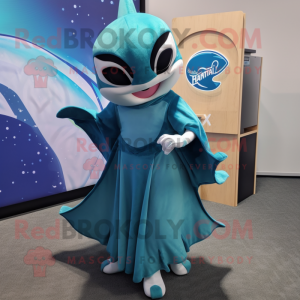 Teal Manta Ray mascot costume character dressed with a Shift Dress and Belts